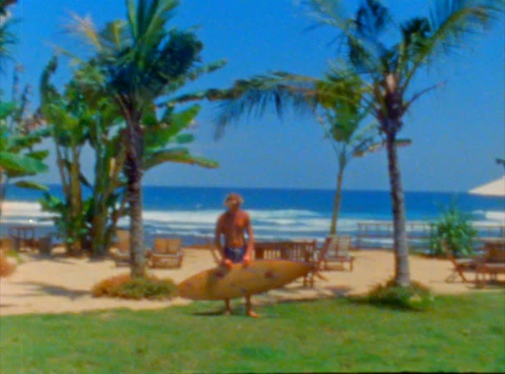 A surfer crosses a lawn of banana palms and coconut trees with a board under his arm, the beach and a clean line-up behind.